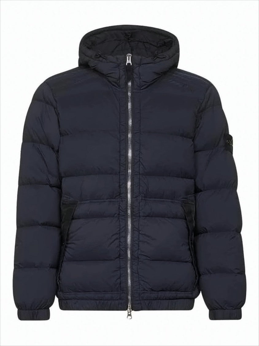 Stone Island Quilted Blue Padded Jacket With Hood And Flap Pockets
