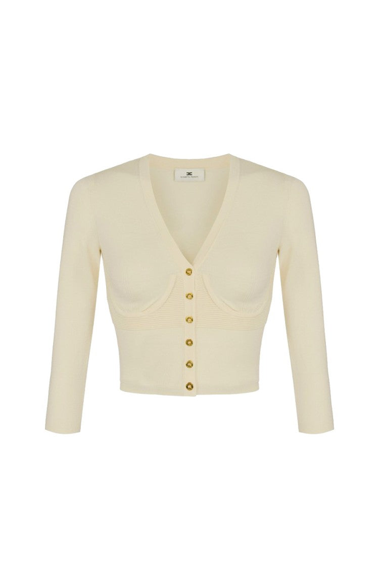 Elisabetta Franchi Cream Cropped V-Neck Viscose-Blend Cardigan