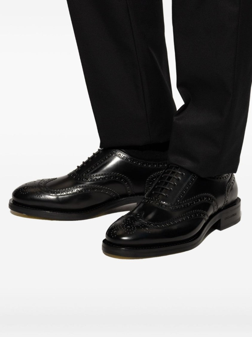 Dsquared2 Black Wingtip Perforated Leather Brogue Flats
