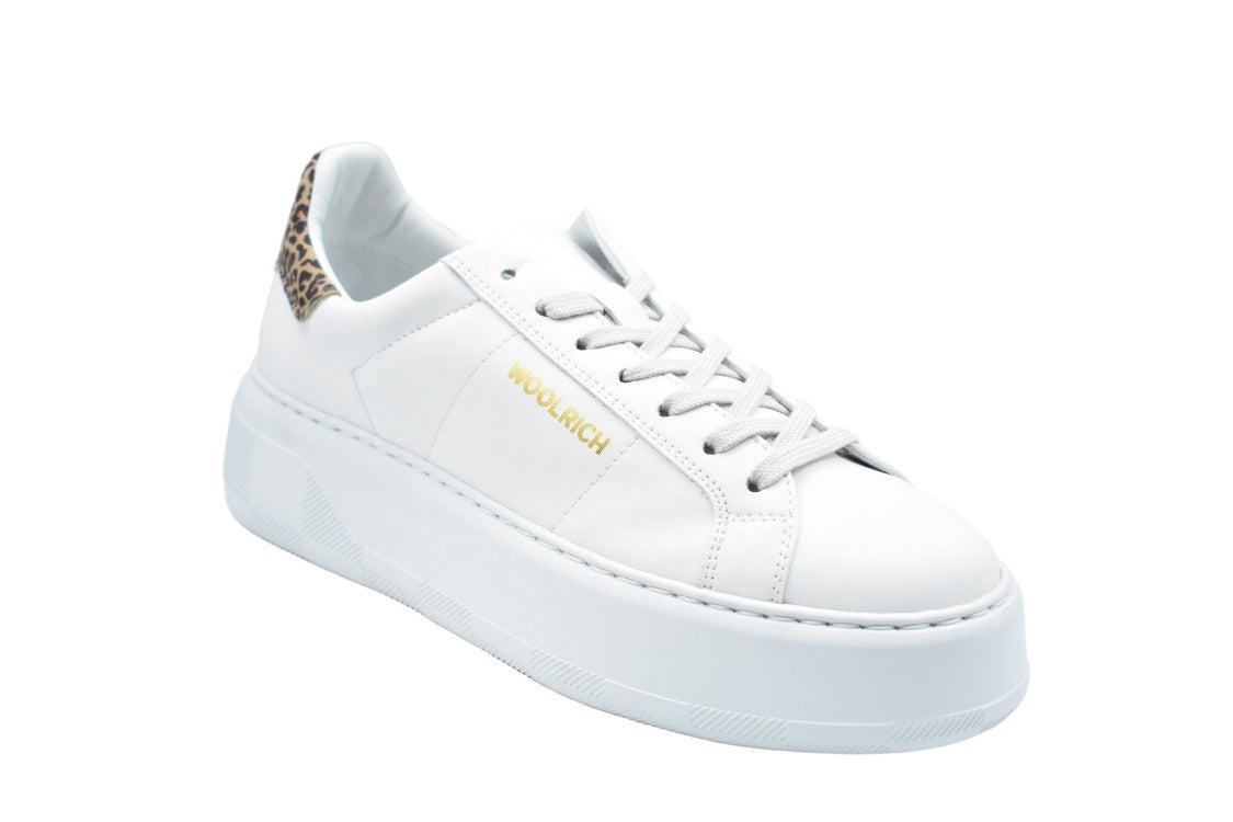 Woolrich Leopard-Accent White Platform Sneakers