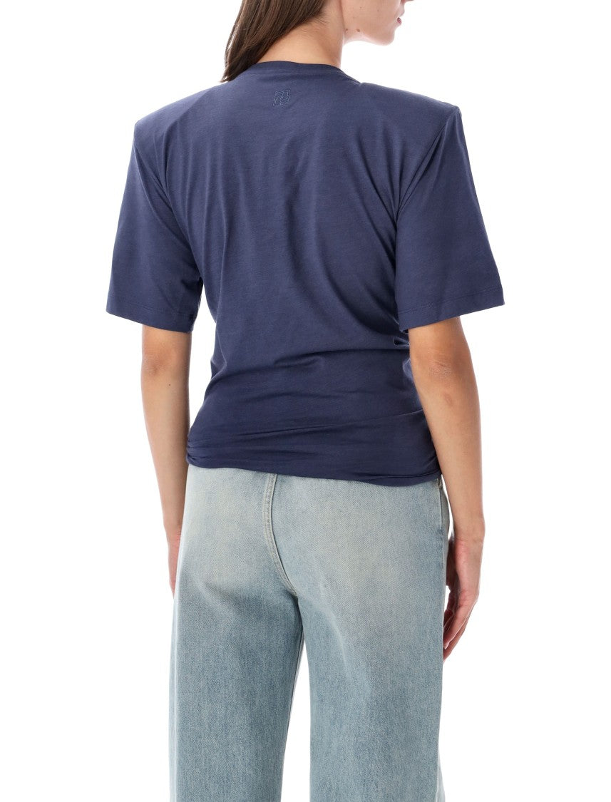 Magda Butrym Front Knot Draped Blue T-Shirt With Removable Shoulder Pads