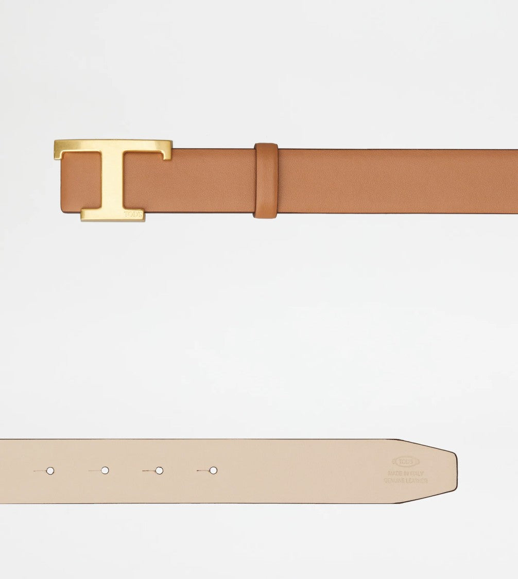 Tod's Brown Leather Belt With Gold-Tone T-Shaped Buckle