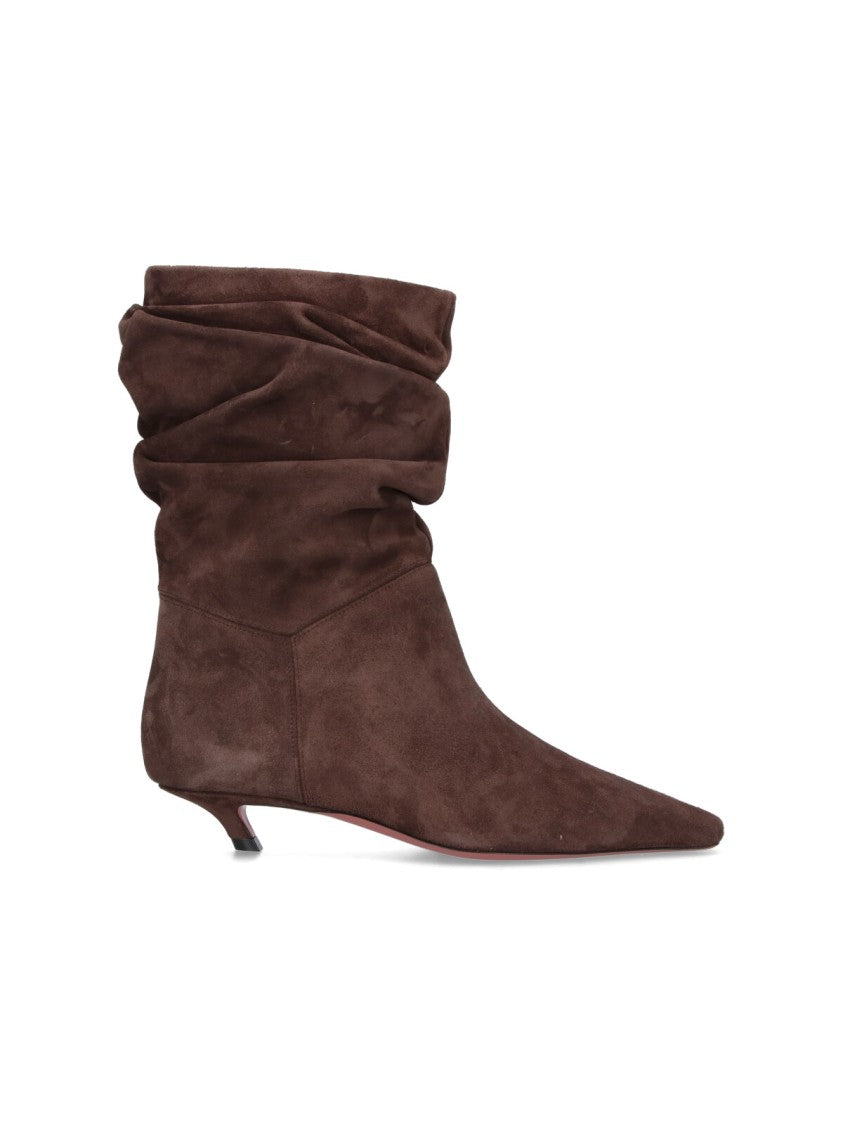 Amina Muaddi Ruched Dark Brown Suede Ankle Boots