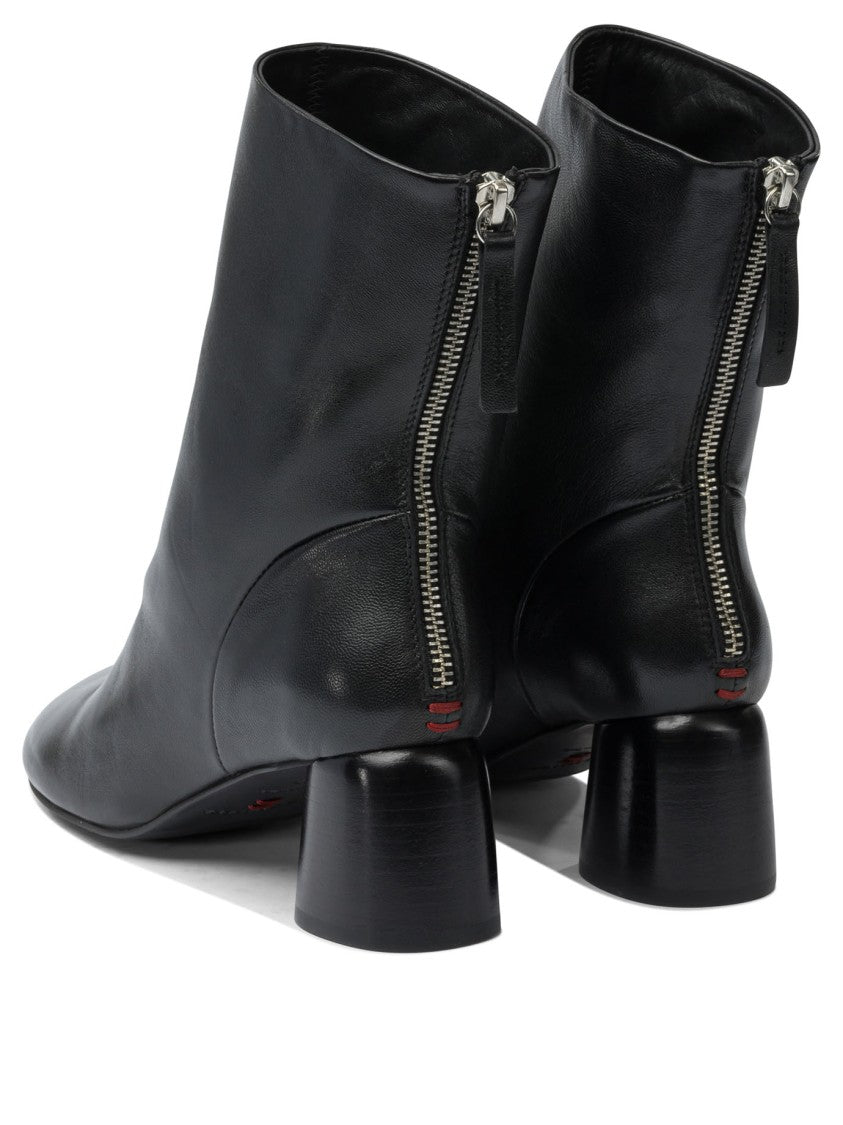 Halmanera Pointed Toe Black Calf Leather Ankle Boots With Cylindrical Block Heel