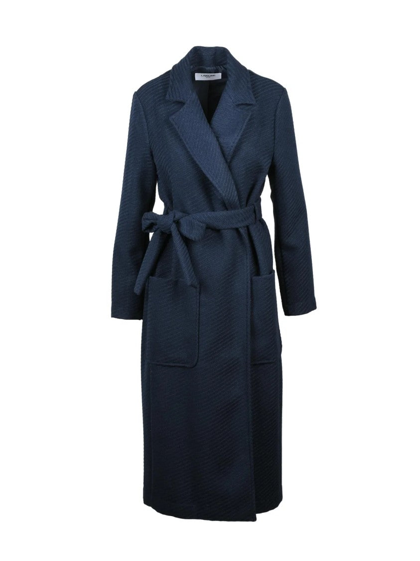 Lakore Midnight Blue Belted Wool-Blend Long Coat