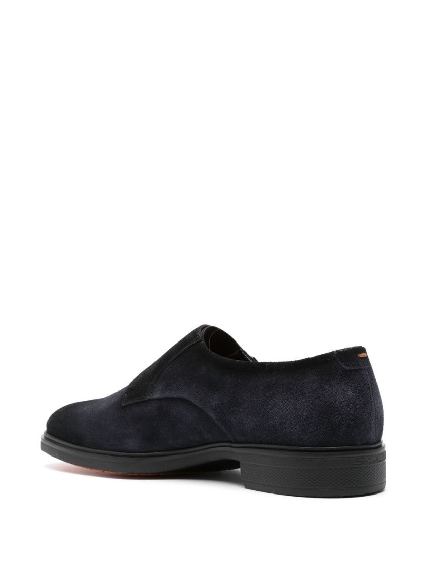 Santoni Double Monk Strap Shoes In Deep Navy Suede