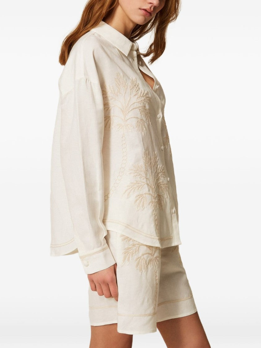 Twinset U&B Cream Long-Sleeve Shirt With Button Fastening And Embroidered Motifs