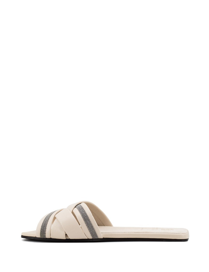 Brunello Cucinelli Ruthenium Ivory Slides With Monile Embroidery And Comfortable Fit