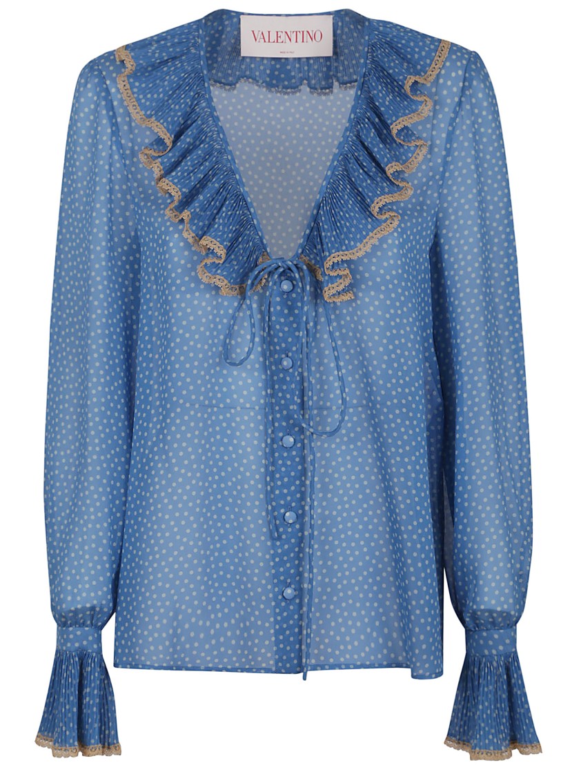 Valentino Garavani Polka Dot Georgette Shirt With Ruffled V-Neck