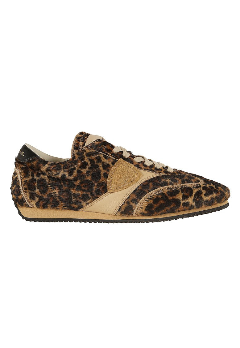 Philippe Model Black Beige Planche Low Animal Print Leather Sneakers