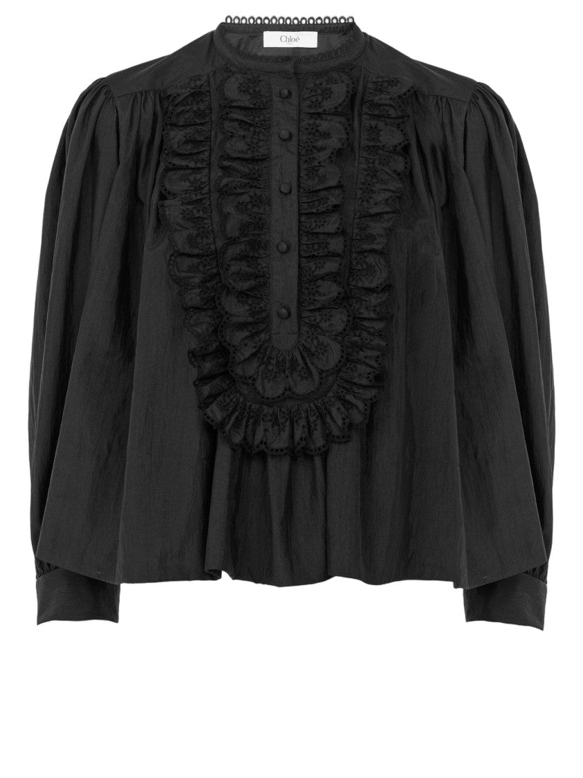 Chloé Loose Fit Black Top With Embroidered Plastron