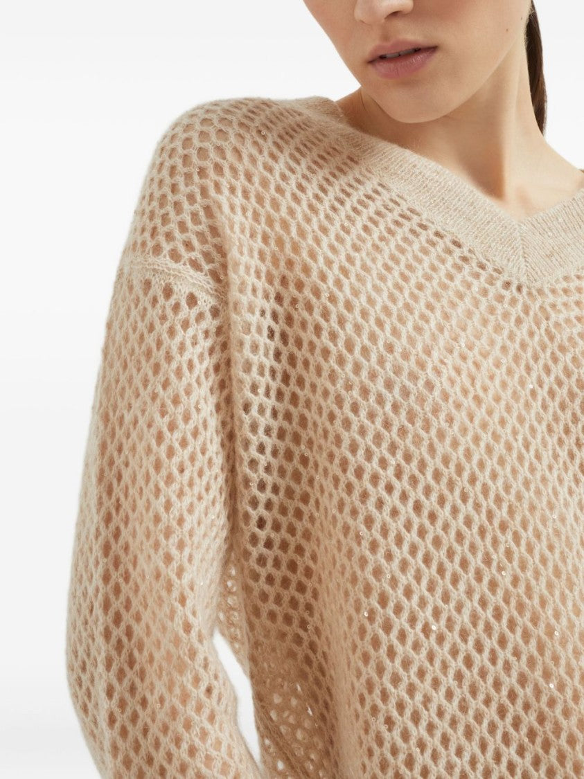 Brunello Cucinelli Deep V-Neck Open Knit Sweater