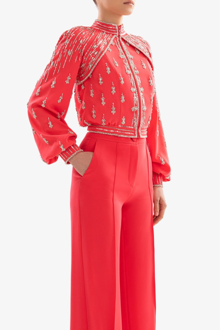 Saiid Kobeisy Embellished Coral Bomber Jacket