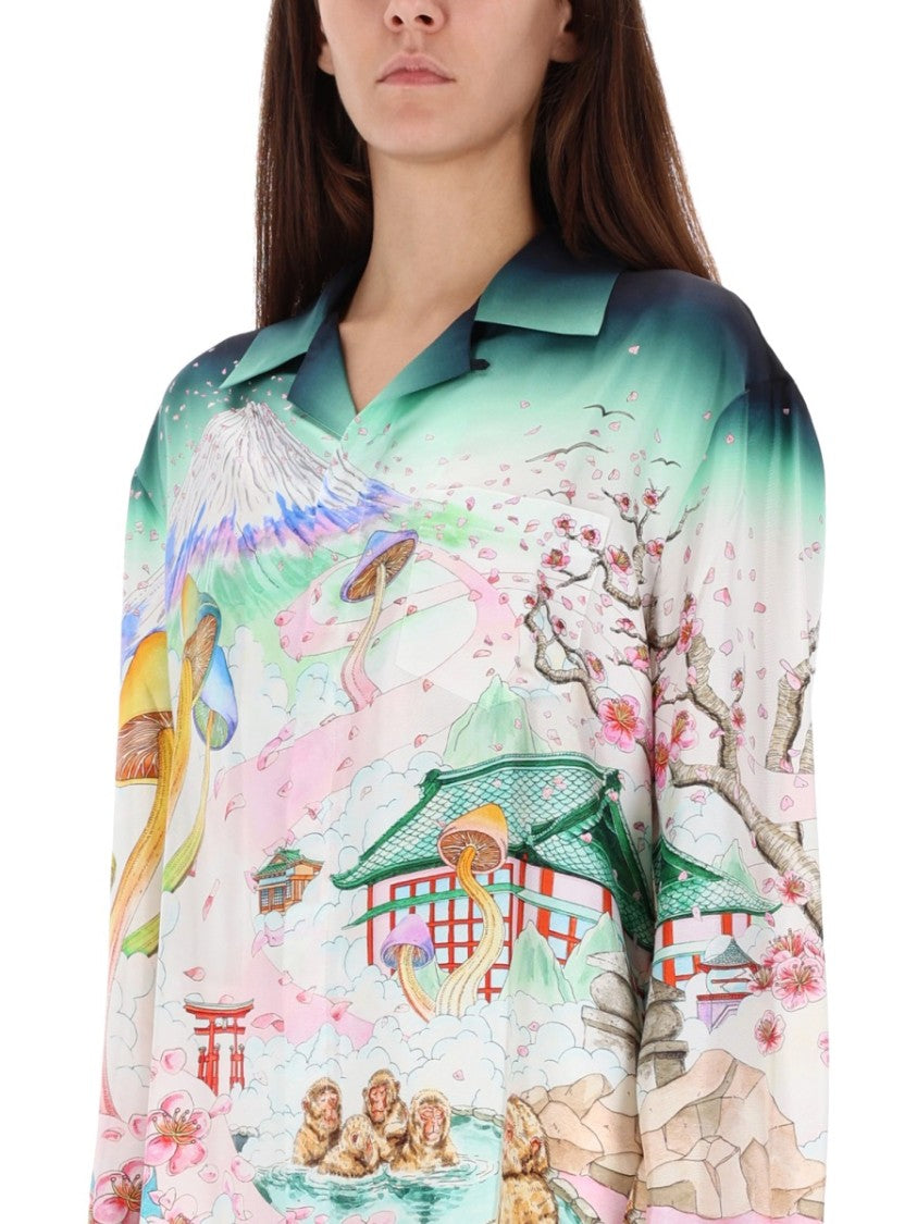 Casablanca Japanese Landscape Print Silk Shirt With Classic Collar And Buttoned Cuffs