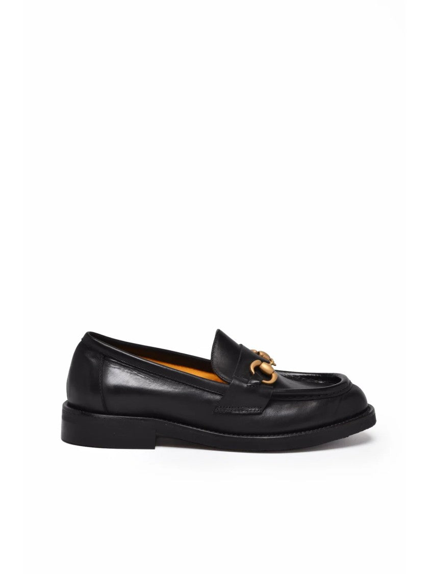 Mara Bini Black Low Heel Gold Accent Leather Loafers