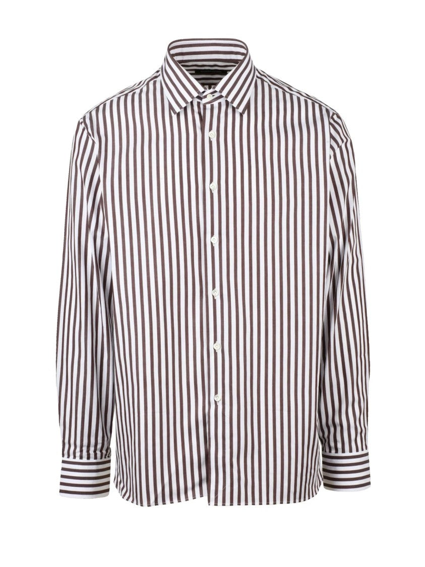 Magenta White Brown Striped Cotton Shirt