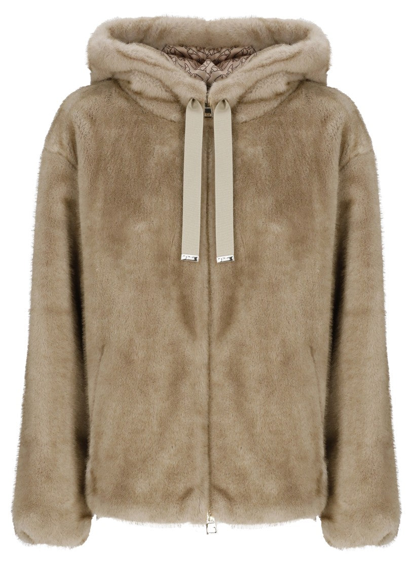 Herno Beige Synthetic Fur Bomber Jacket