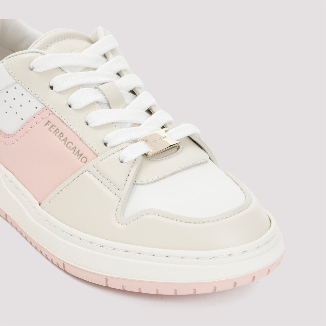 Ferragamo White And Pink Leather Dennis Sneakers