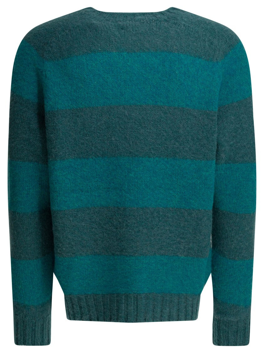 Beams Plus Wide Stripe Knit Sweater In Dark Teal And Deep Grey-Green
