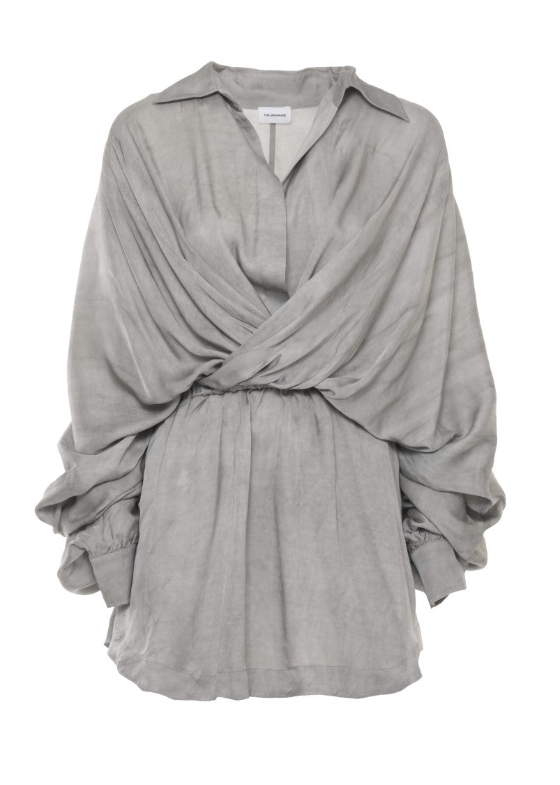 The Andamane Draped Grey Viscose Mini Dress With V-Neck And Buttoned Sleeves