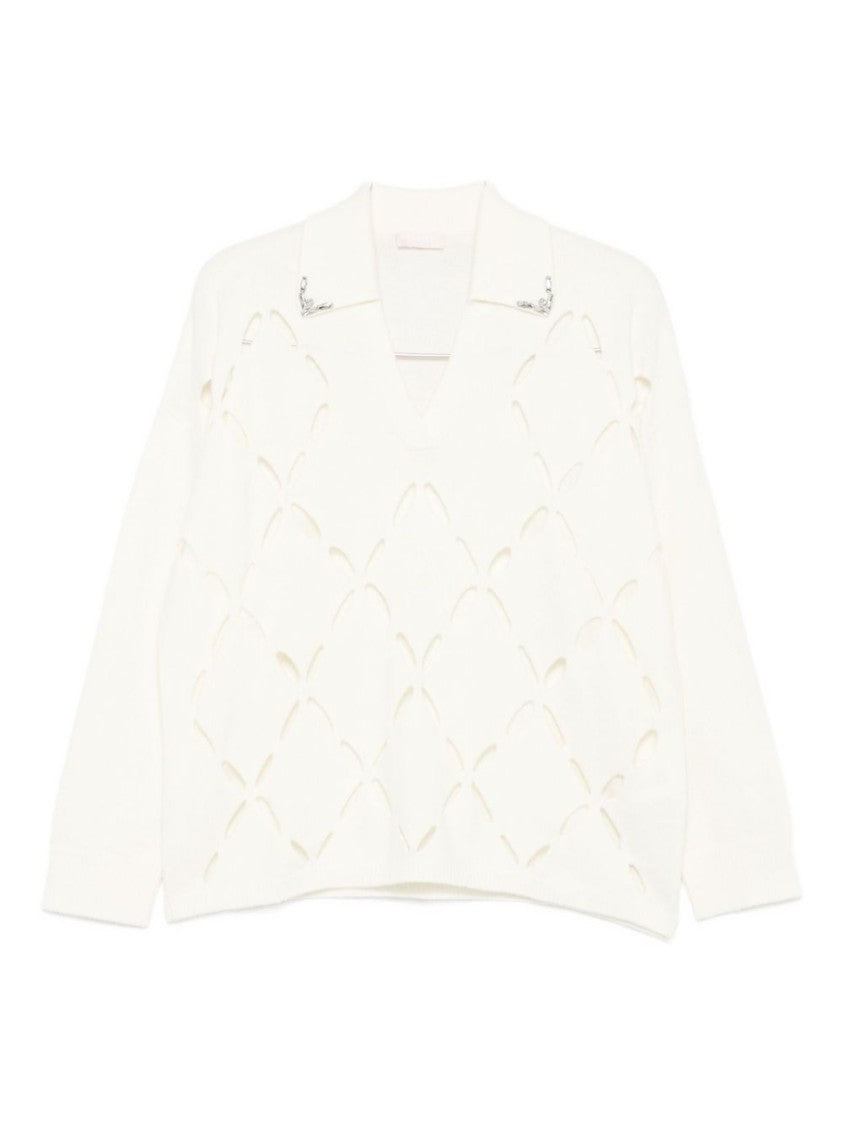 Liu Jo Diamond-Cut V-Neck Wool Sweater