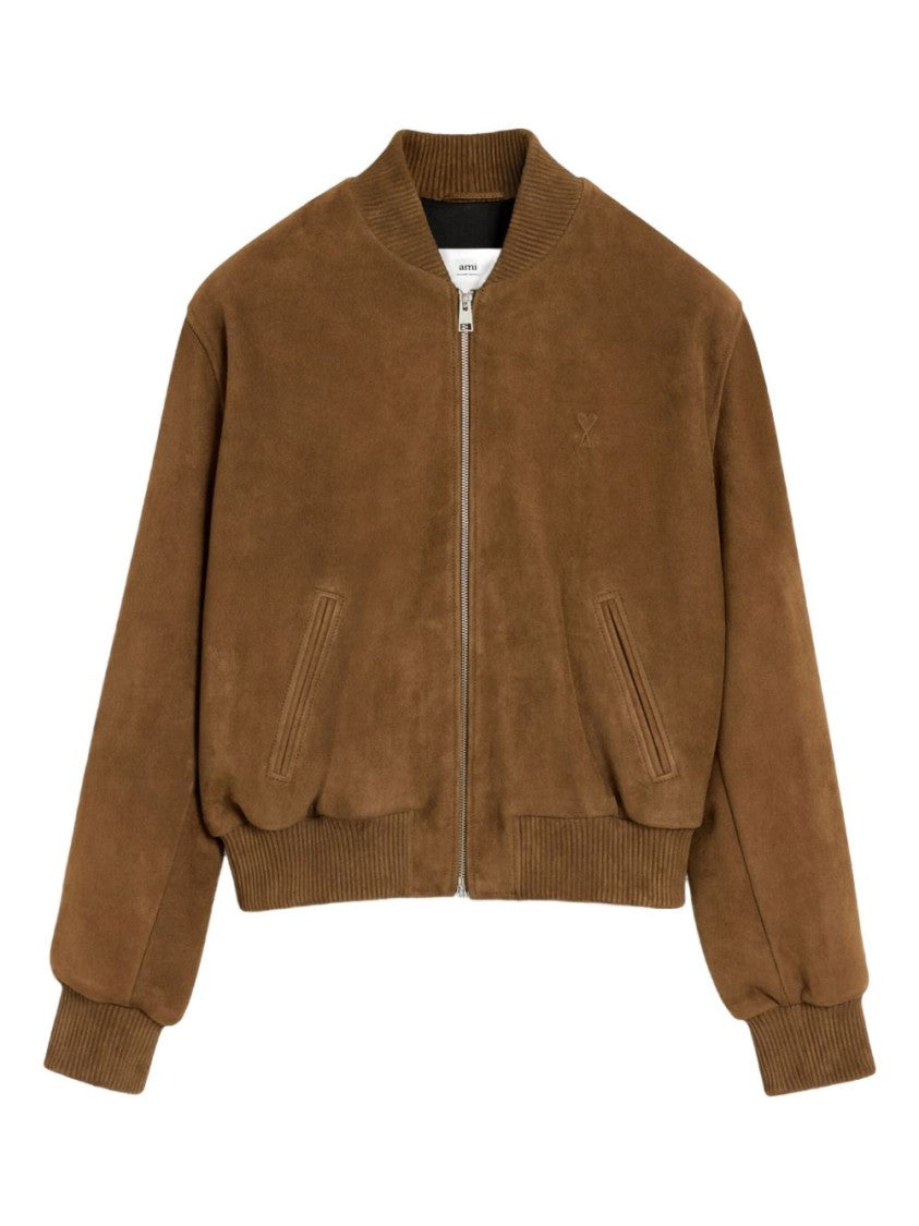 Ami Paris Brown Zip Front Embossed Logo Jacket