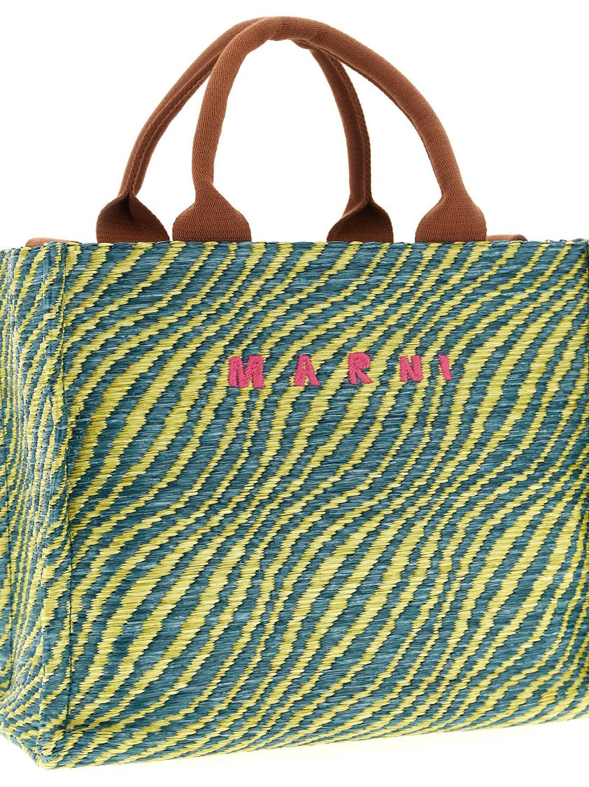 Marni Two-Tone Woven Raffia Handbag With Embroidered Logo