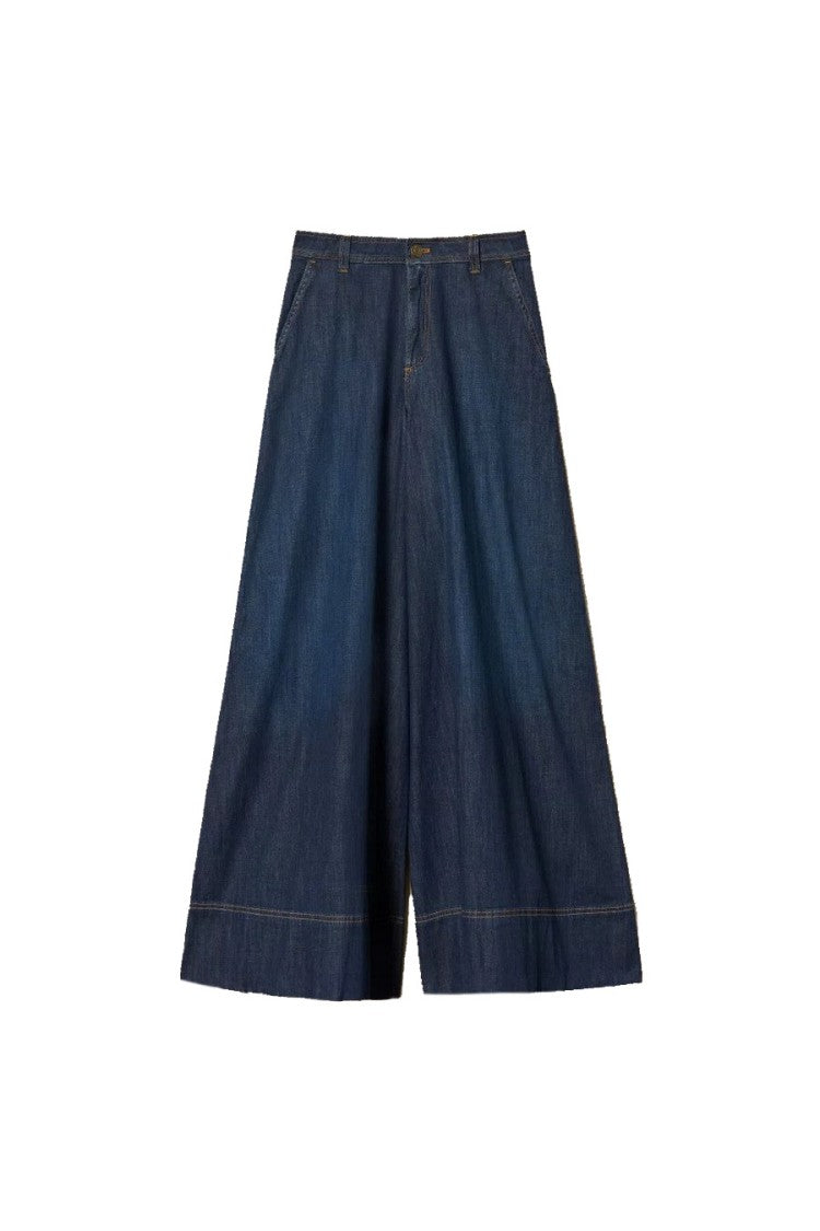 Twin-Set Blue Cotton-Elastane Wide-Leg Denim Trousers