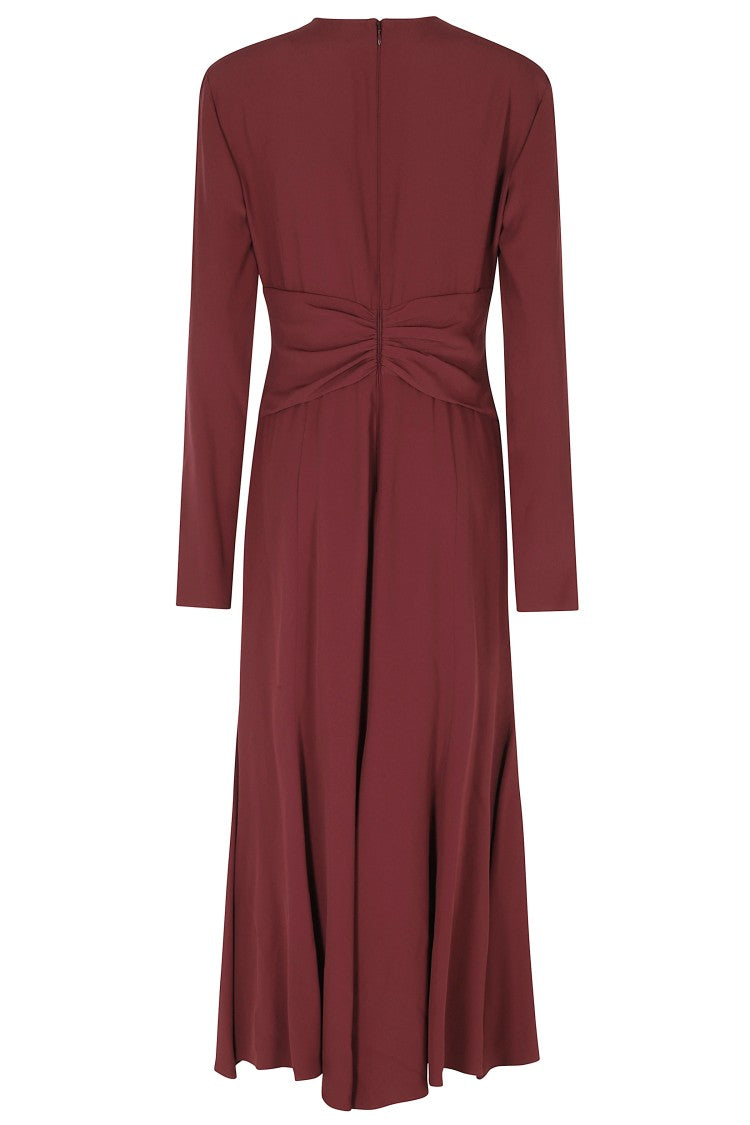 Alberta Ferretti Red Enver Satin Draped Waistband Long Sleeve Viscose Dress