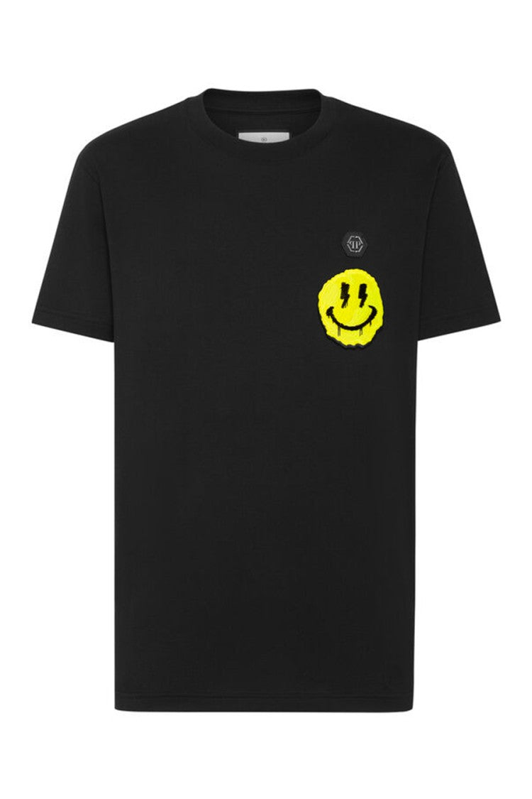 Philipp Plein Black Cotton T-Shirt With Iconic Smiley Patch And Embroidered Logo