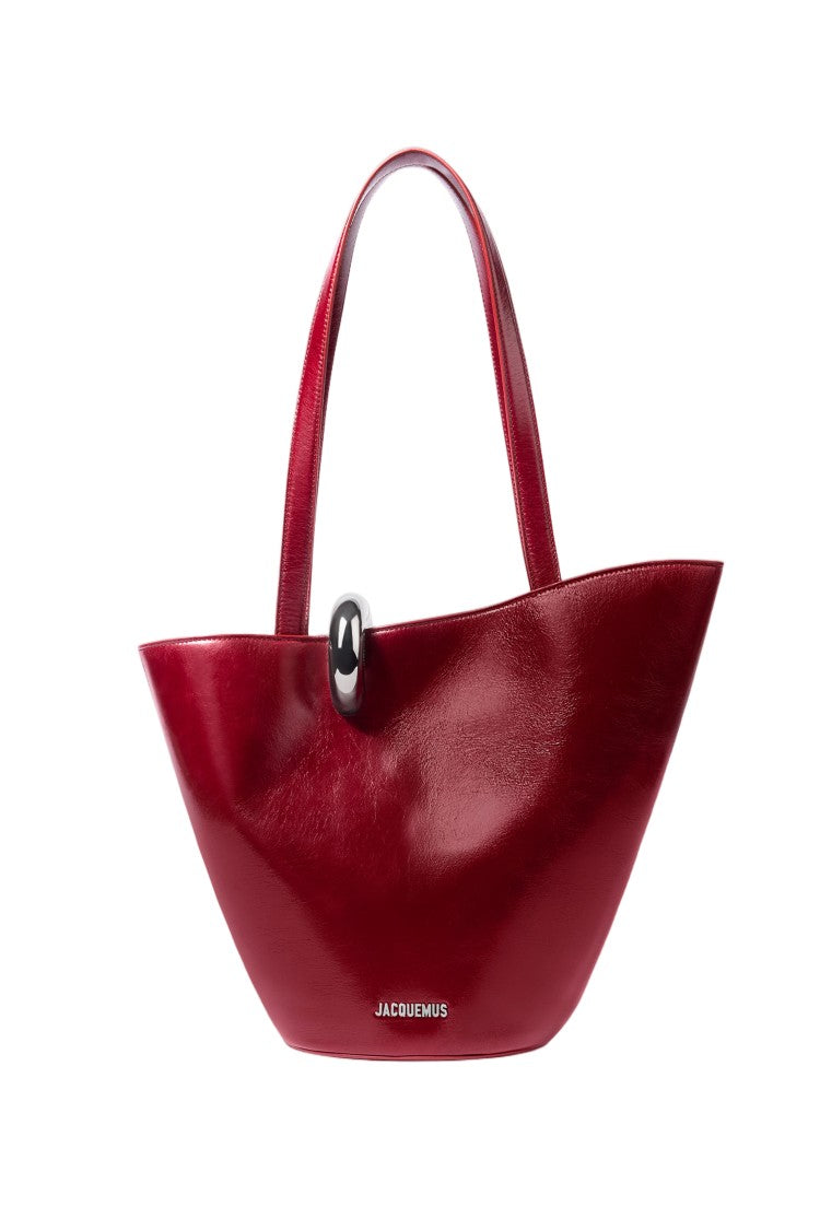 Jacquemus Asymmetric Glossy Leather Bucket Bag With Dual Handles