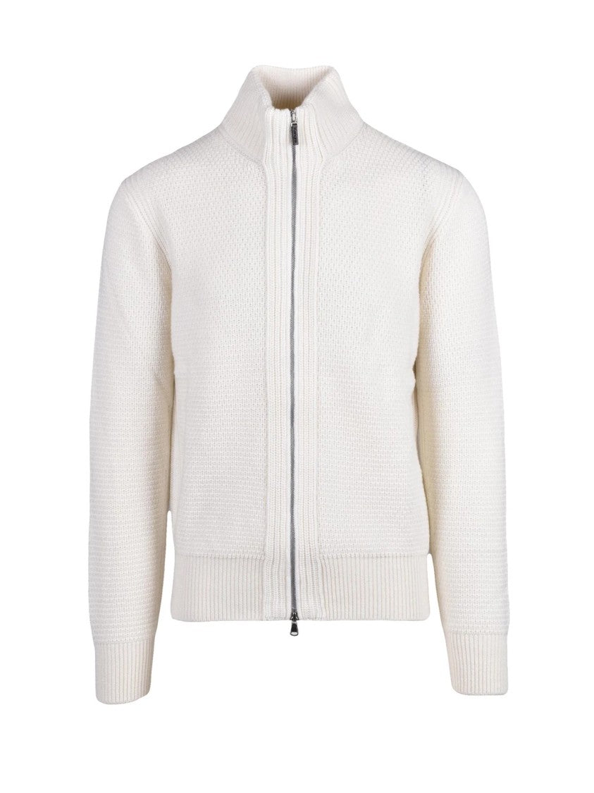 Kangra Textured White Zip-Through Jacket With Ribbed Details
