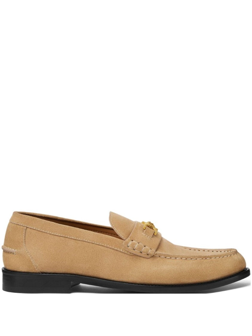 Versace Sand Brown Medusa Plaque Suede Flats