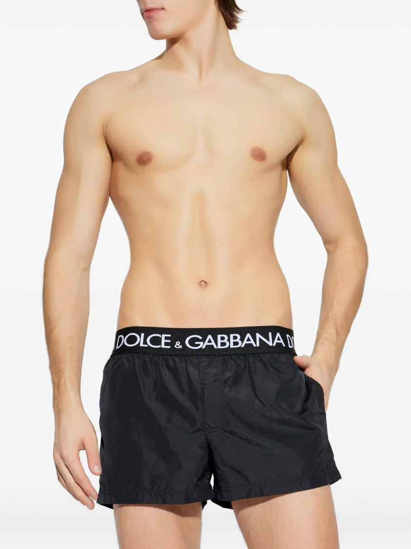 Dolce & Gabbana Black Fitted Logo Waistband Polyester Shorts