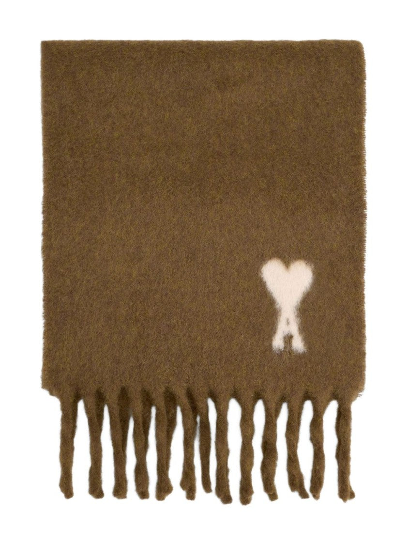 Ami Paris Brown Alpaca Blend Fringed Monogram Scarf