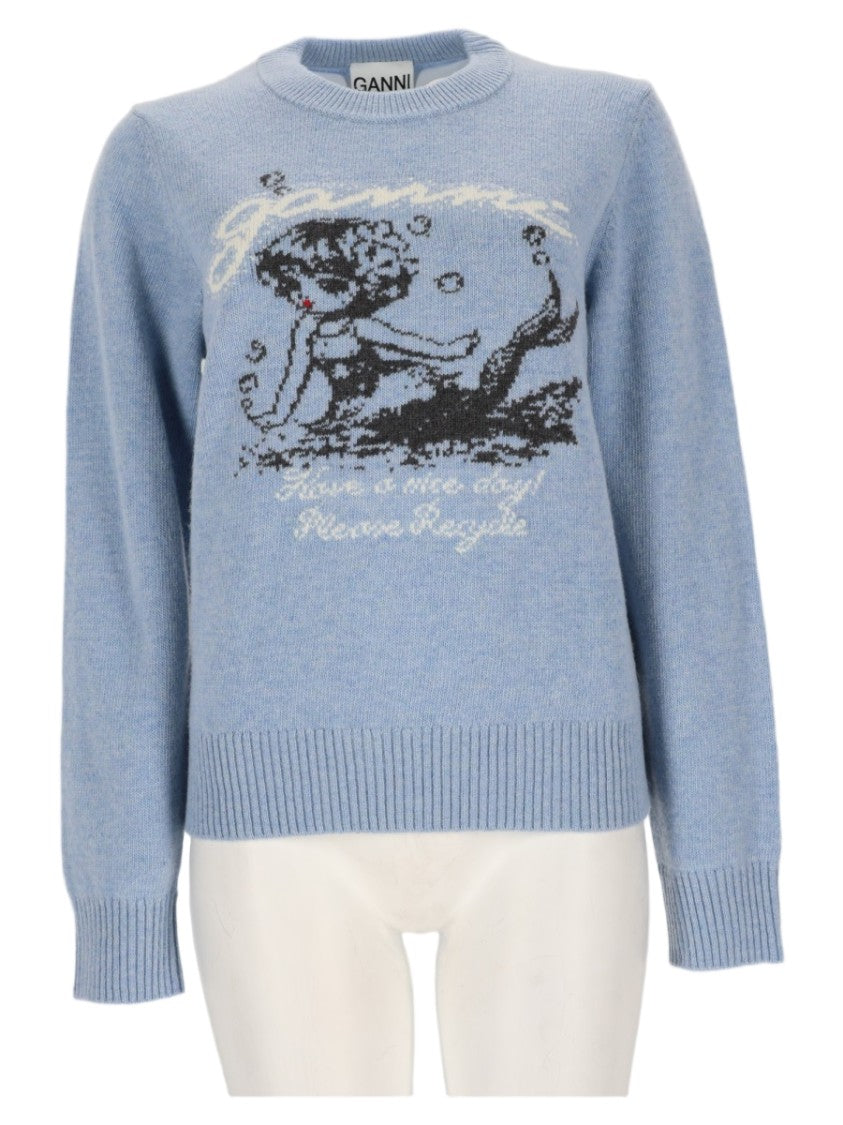 Ganni Light Blue Knit Sweater With Mermaid Graphic