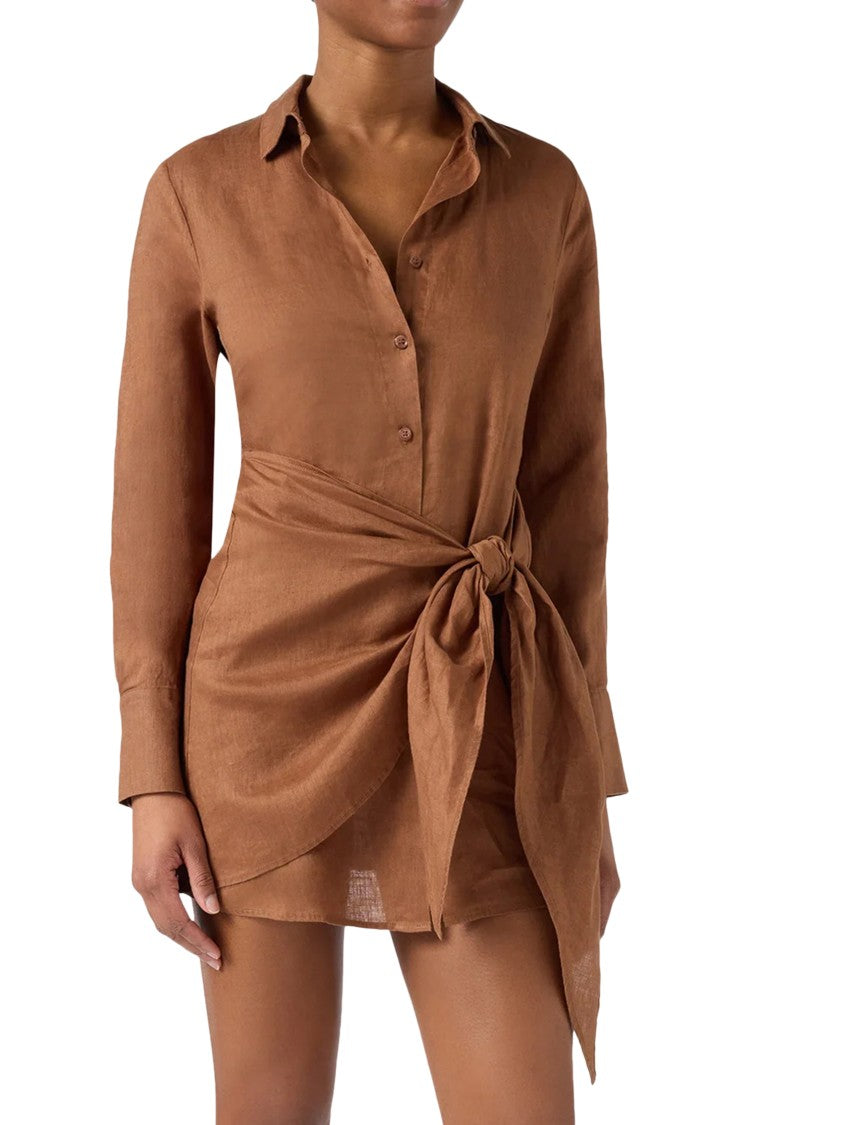 Mc2 Saint Barth Long Sleeve Linen Dress With Tie Detail
