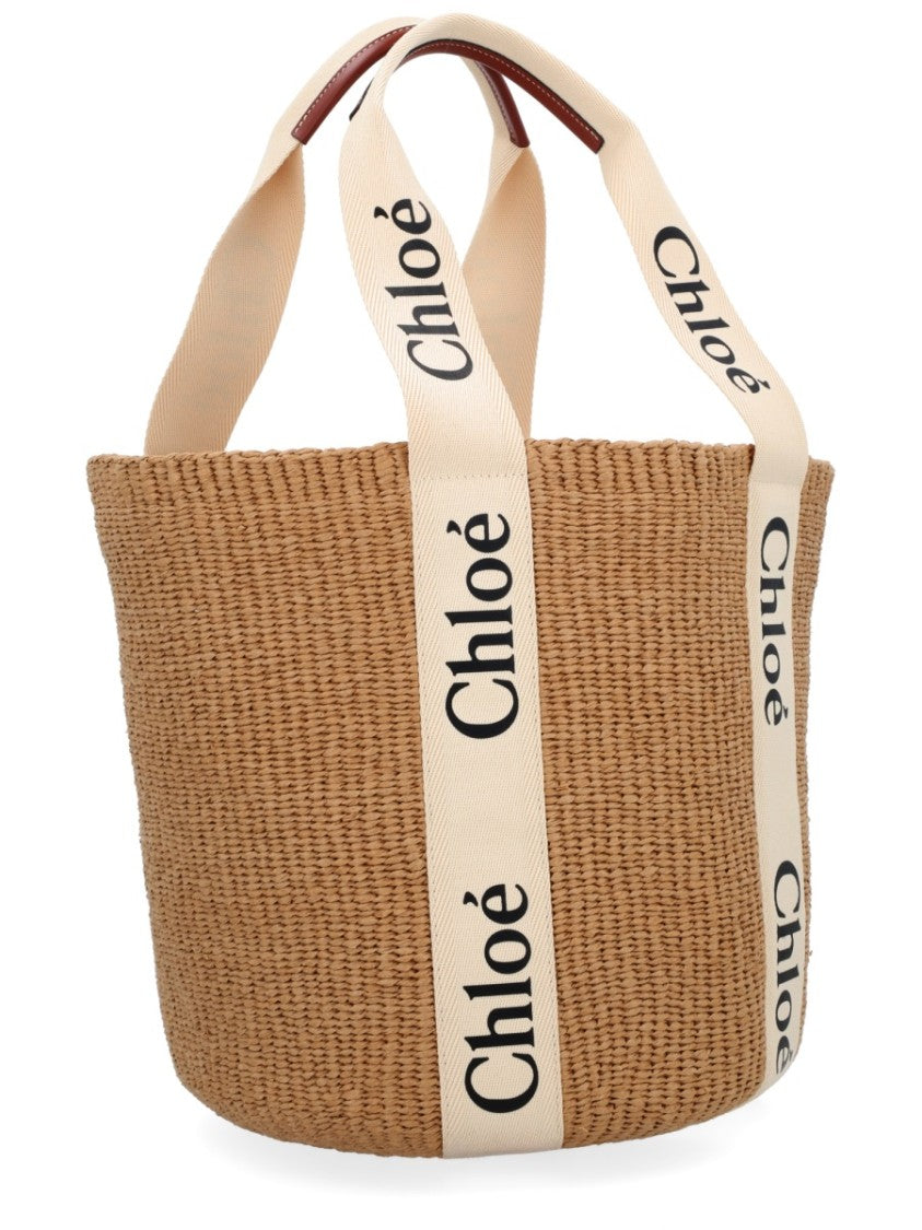 Chloé Large Woven Paper Tote With Cream Handles And Bold Lettering
