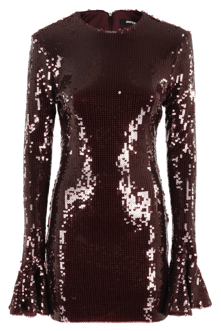 Rotate Burgundy Sequin Appliqué Mini Dress With Flared Cuffs