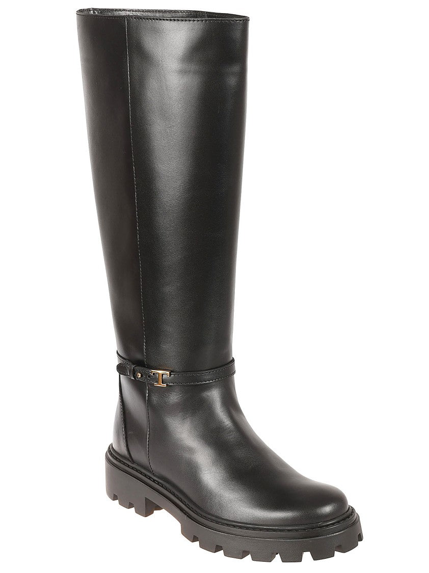 Tod's Tall Calfskin Boots With Gold-Tone Buckle