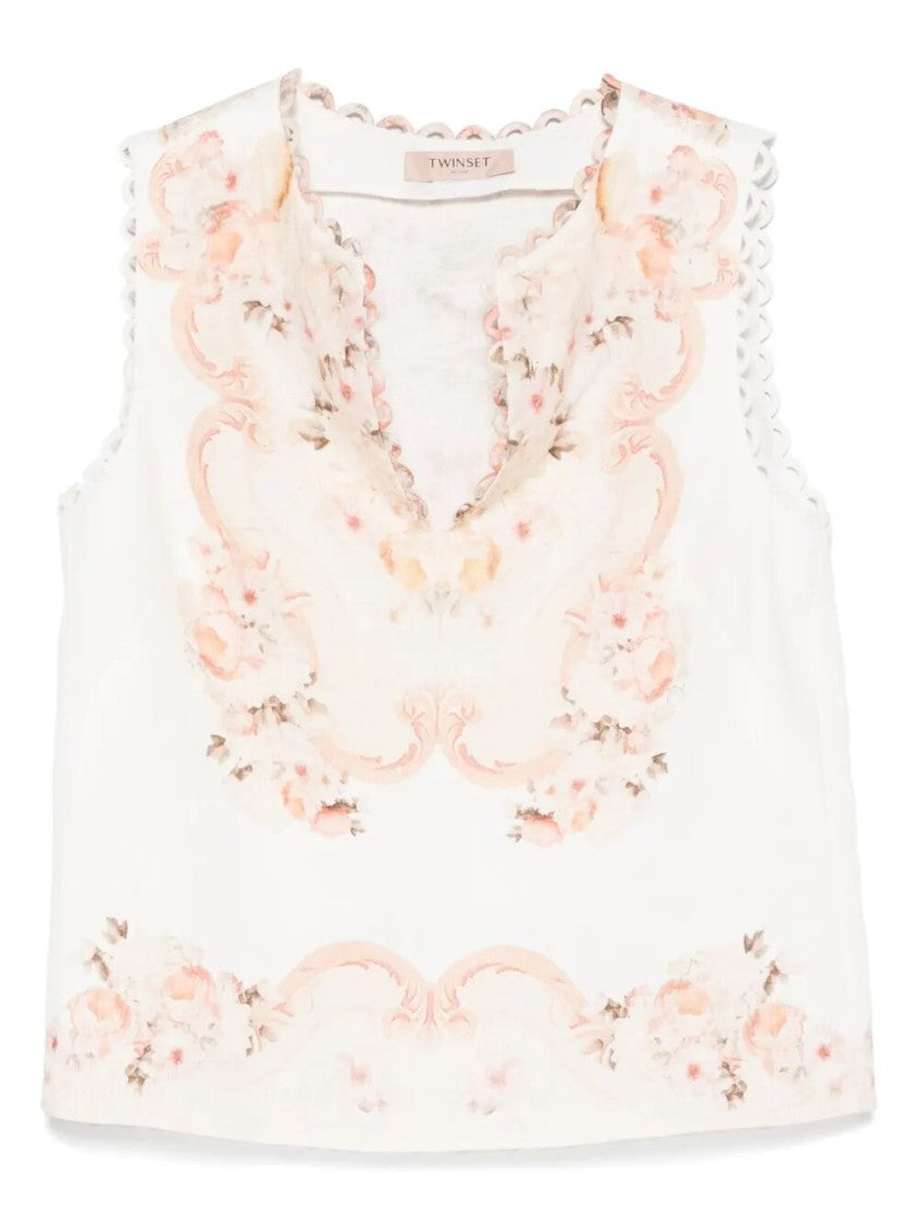 Twin-Set Sleeveless Floral-Embroidered Top With Scalloped Edges