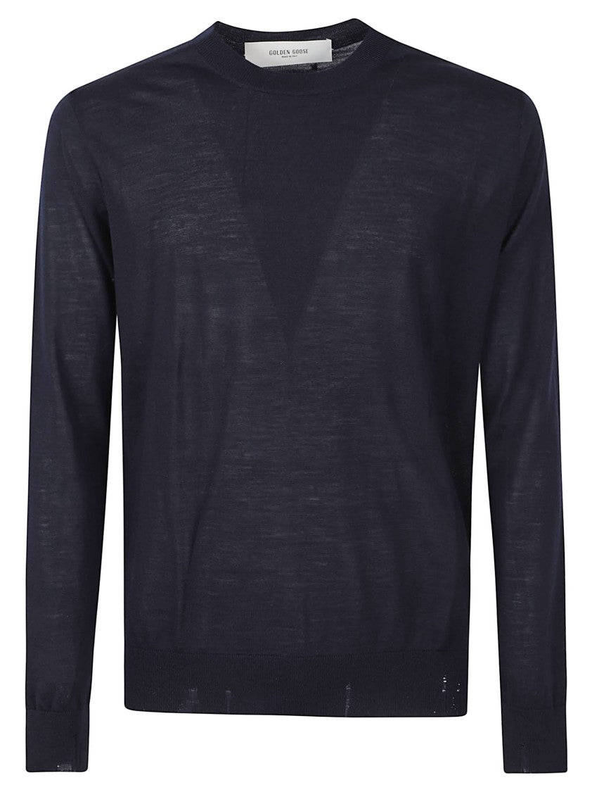 Golden Goose Lightweight Blue Knit Sweater With Classic Crew Neckline