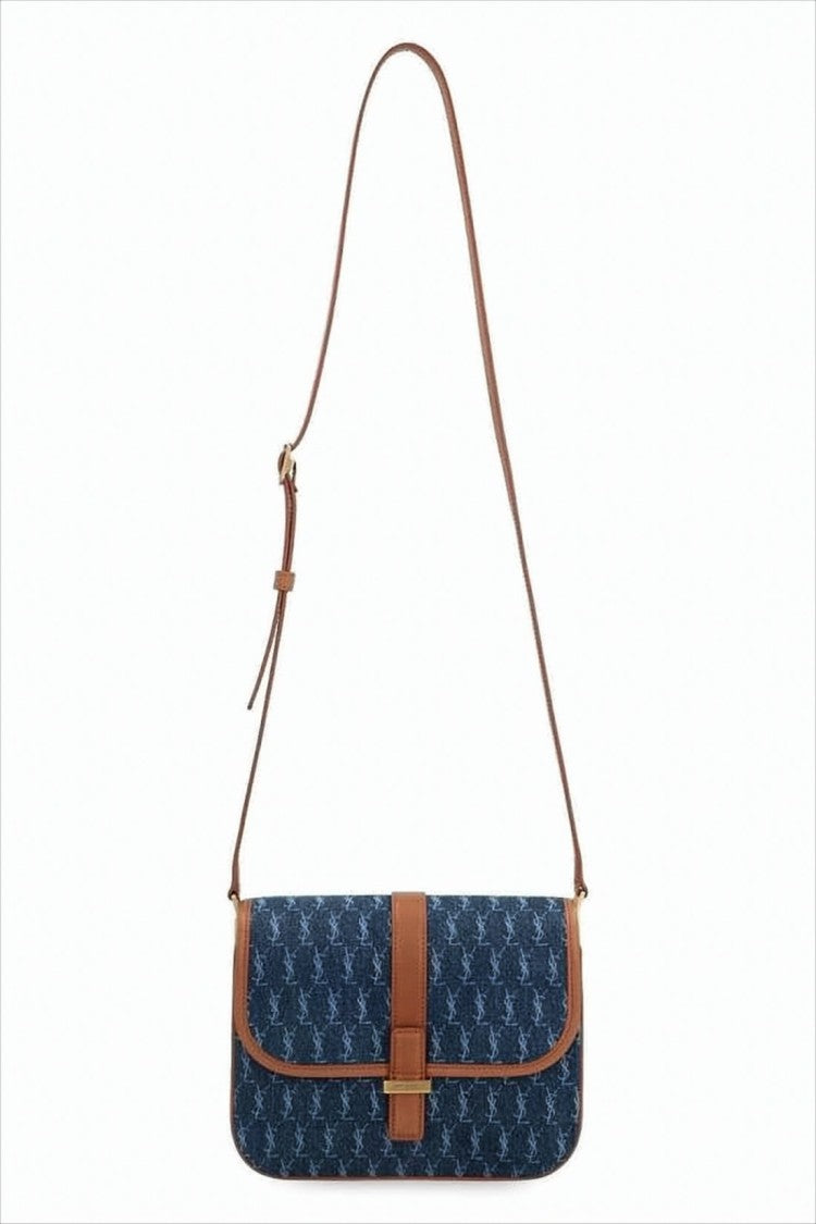 Saint Laurent Monogram Denim Crossbody Bag With Calfskin Accents