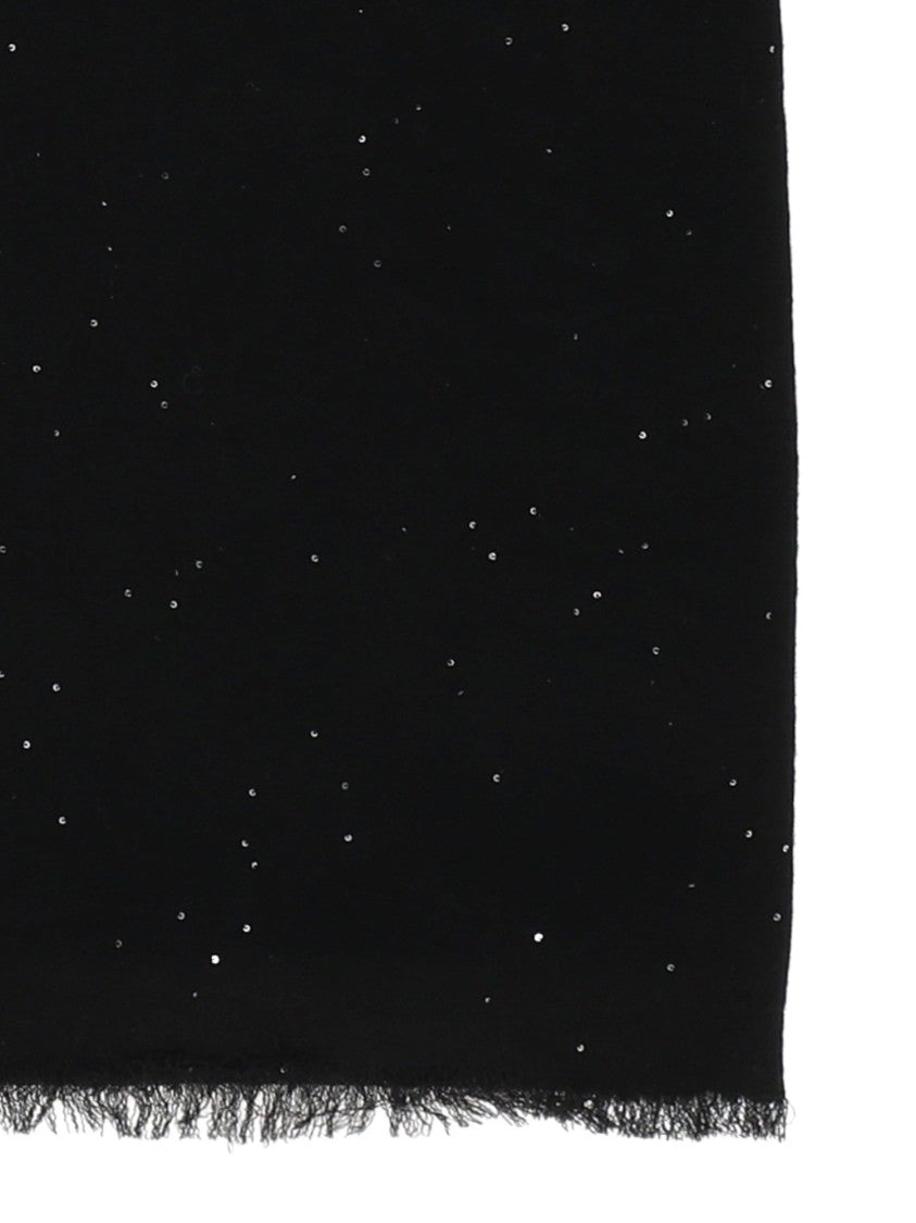 Faliero Sarti Rectangular Black Scarf With Shiny Specks And Fringe Finish