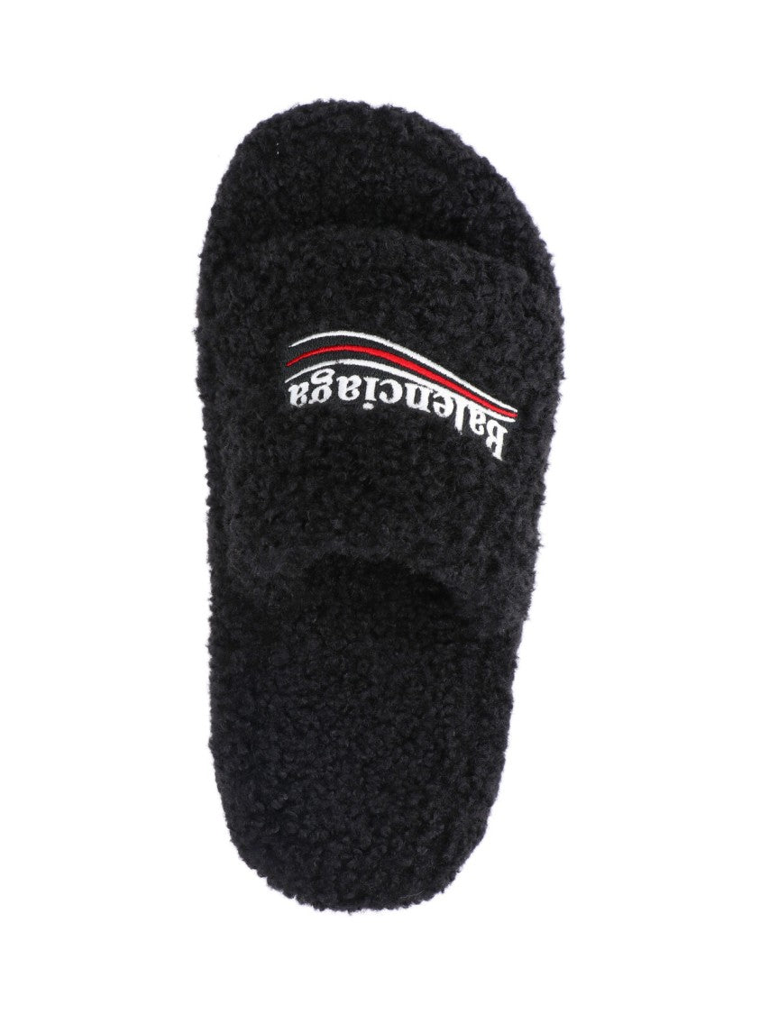 Balenciaga Black Furry Fabric Slides Sandals
