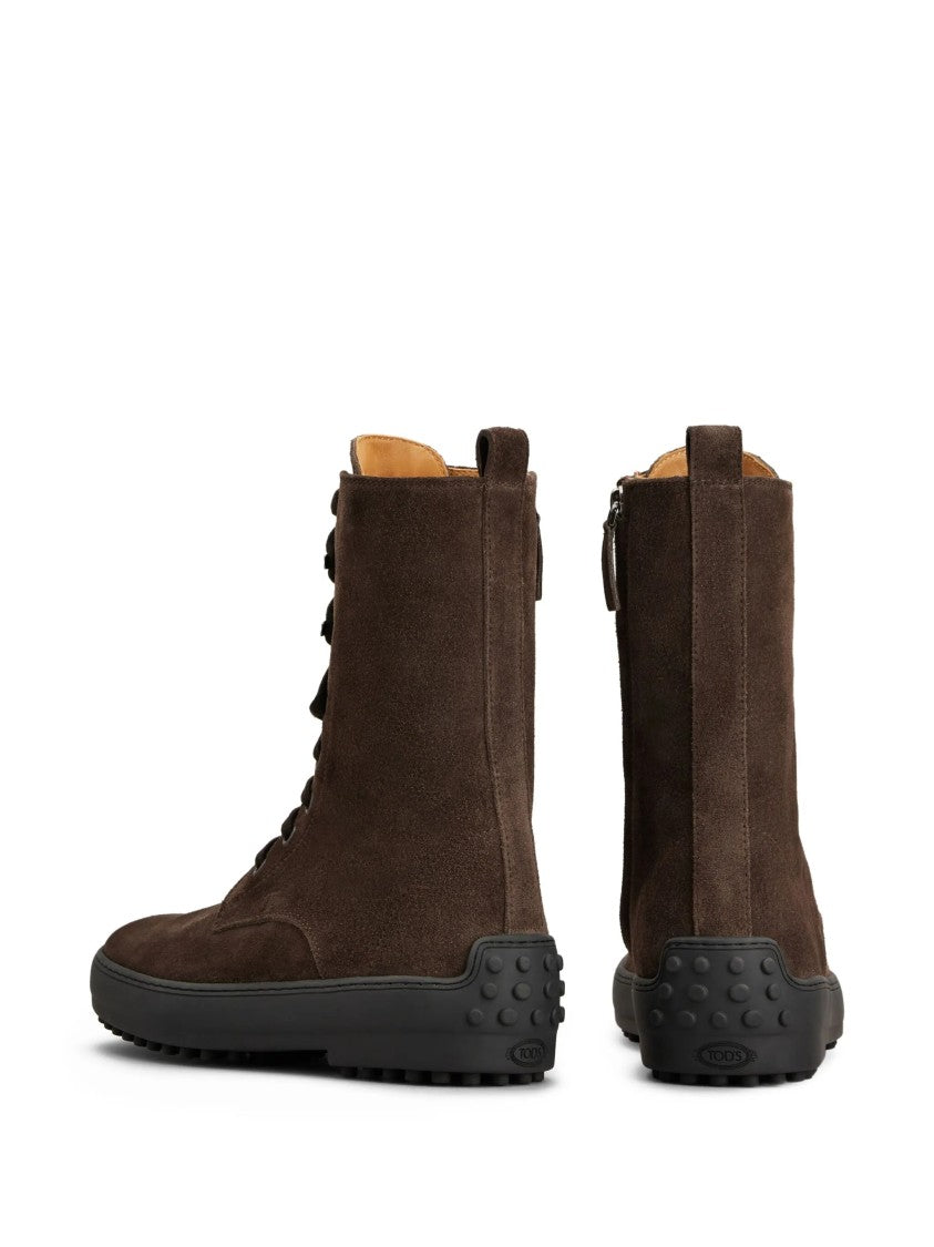 Tod's High-Top Lace-Up Brown Suede Boots With Pebbled Sole