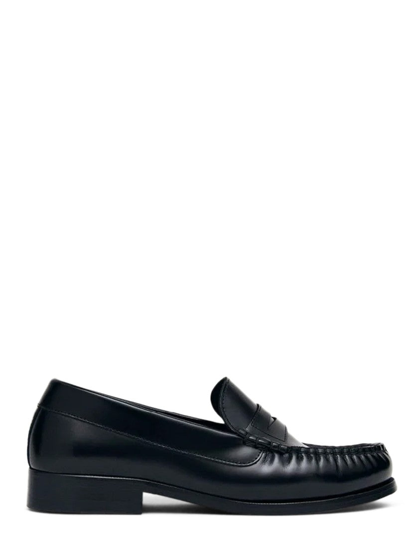 Alohas Penny Strap Black Leather Loafers With Moccasin Stitching