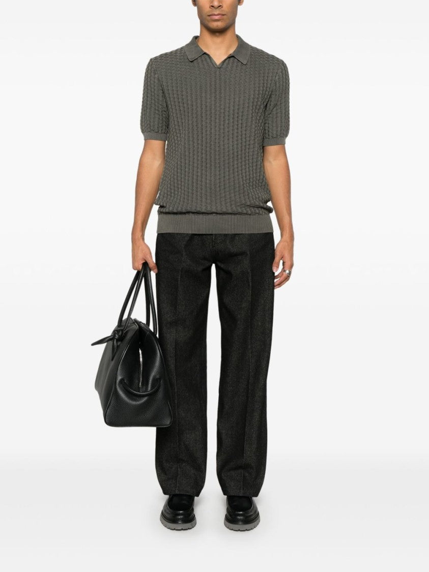 Boglioli Textured Ribbed Black T-Shirt With Classic Collar