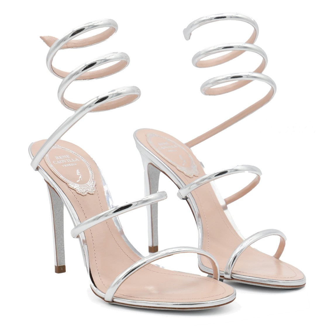 René Caovilla Silver Leather Cleo Sandals With Stiletto Heel