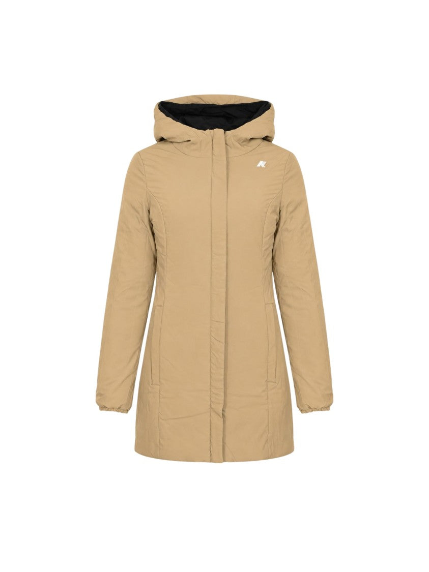 K-Way Longline Black Hooded Coat With Beige Contrast Lining